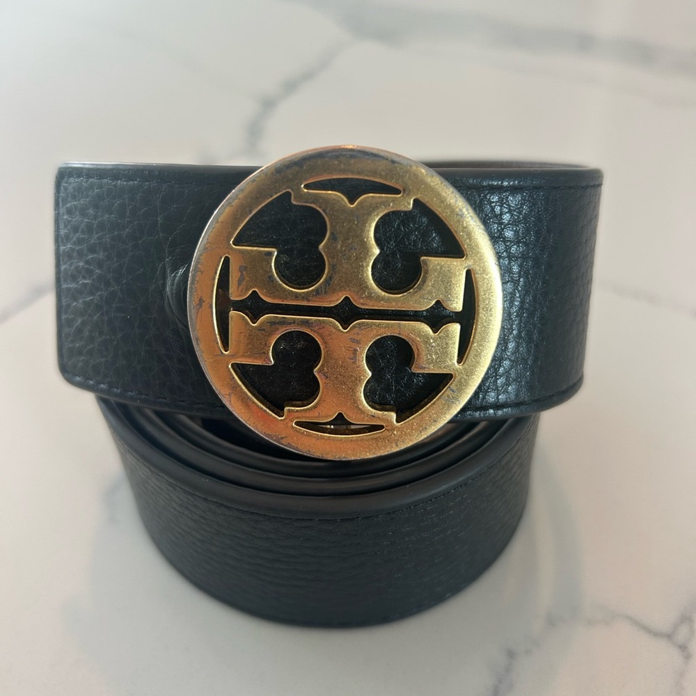 Tory Burch Reversible Leather Belt with Gold Medallion